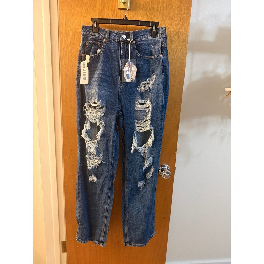 WAX JEAN COLLECTION Wide Leg Ripped Jeans Dark Wash Size L